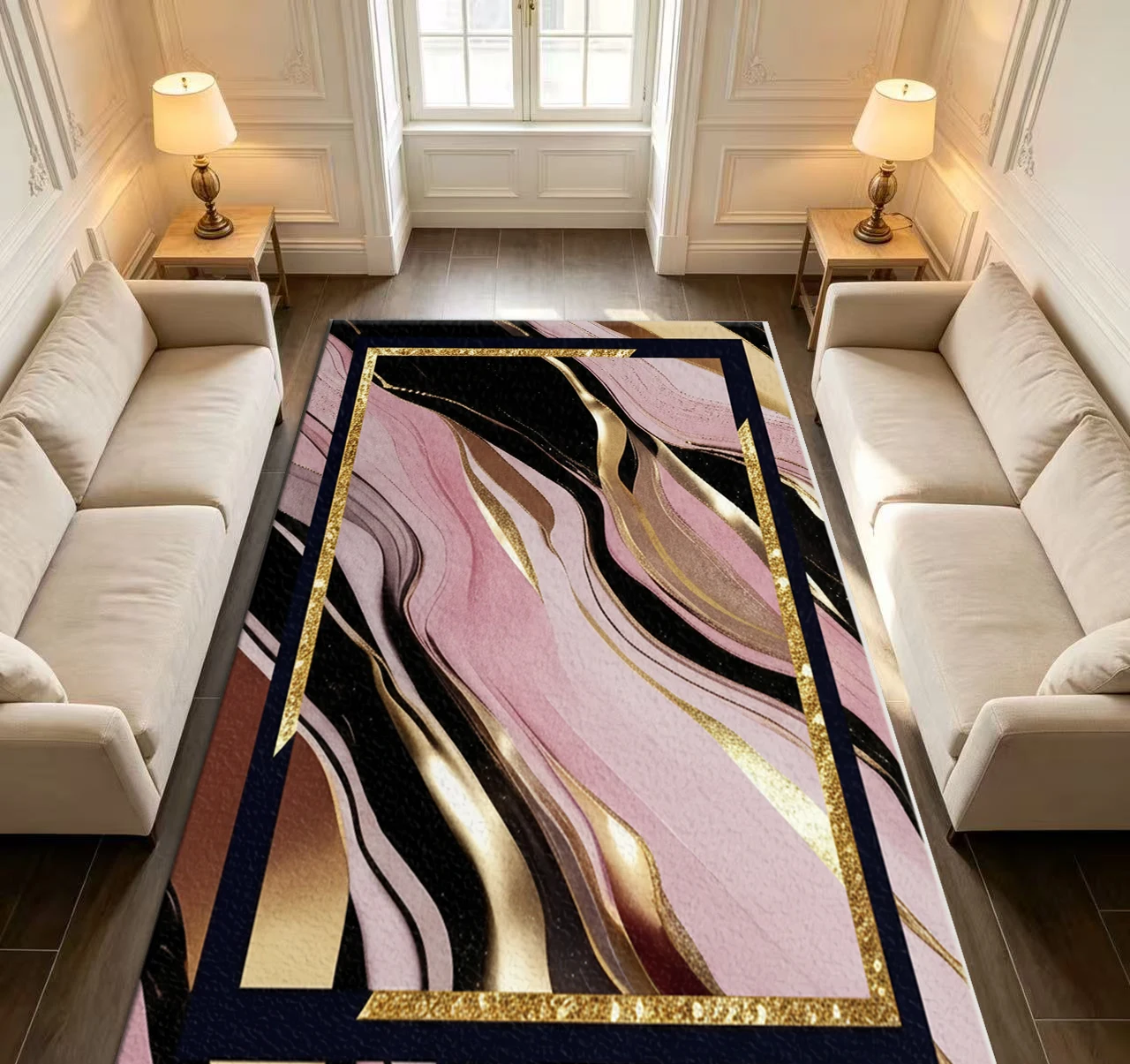Pink Black Gold Marble Pattern Fluid Art Carpet Glitter Frame Abstract Swirl Carpet Suitable for Living Room Bedroom Home Decoration