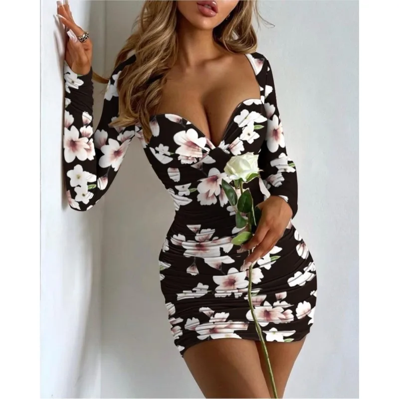 

2024 Autumn/Winter New Women's Fashion Printed Long Sleeve Square Neck Sexy Low Cut Slim Fit Bag Hip Printed Dress For Women Y2k