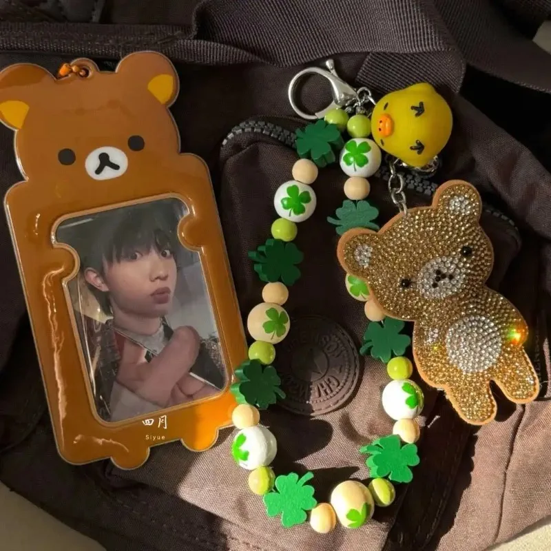 

New Four-leaf Clover Series Rilakkuma Keychain Lucky Pendant Mobile Phone Chain Girl Cartoon Hand Ledger Hanging Decoration Gift