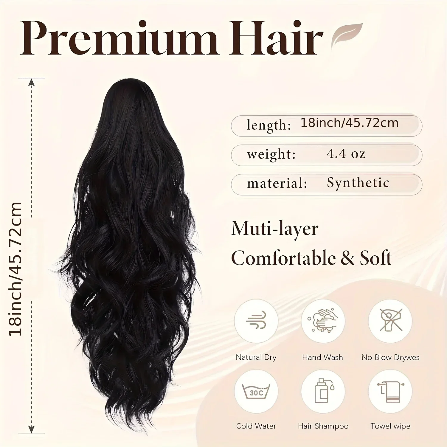 22-Inch Long Wavy Drawstring Ponytail Extension - Layered Synthetic Hairpiece for Women, Clip-In Style, Natural Black Color
