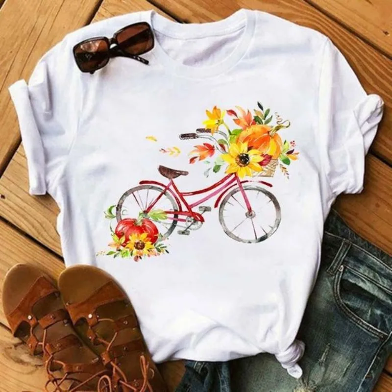 Flower Love Bike A Hair Cute Short Sleeve Fashion Top for Women Aesthetic  Tops  Aesthetic Clothes  Harajuku  Vintage Clothes