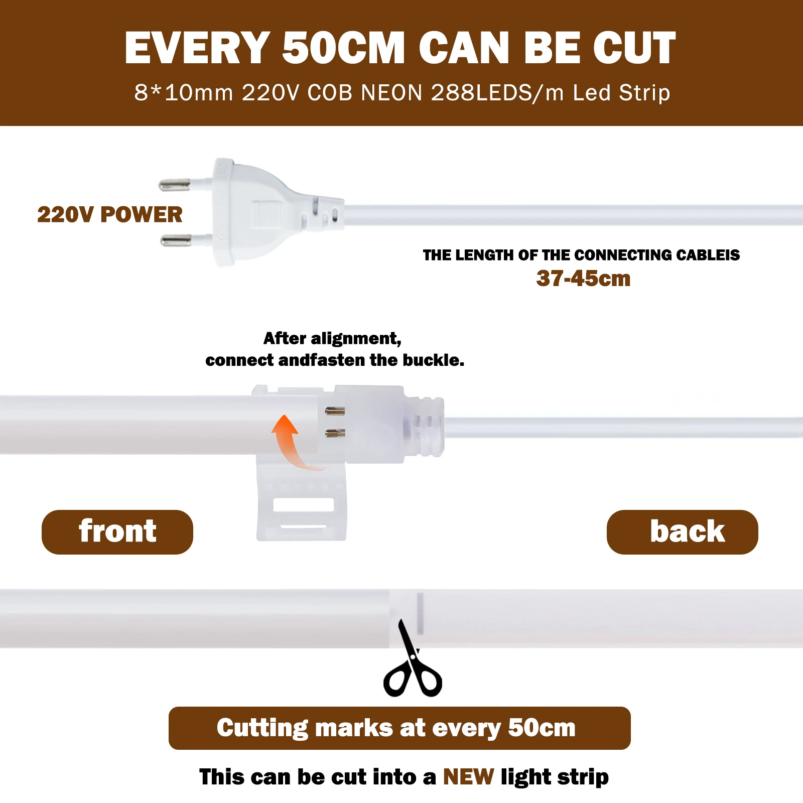 AC 220V 270 องศา COB Strip 288 LEDs/M IP65 กันน้ํา Milky สีขาวยืดหยุ่นริบบิ้นเชือกเทป LED Neon LIGHT