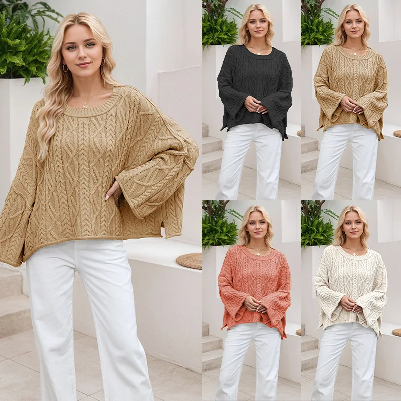 

European and American women's new sweater wish round neck twist solid color loose fashionable pullover knitted sweater