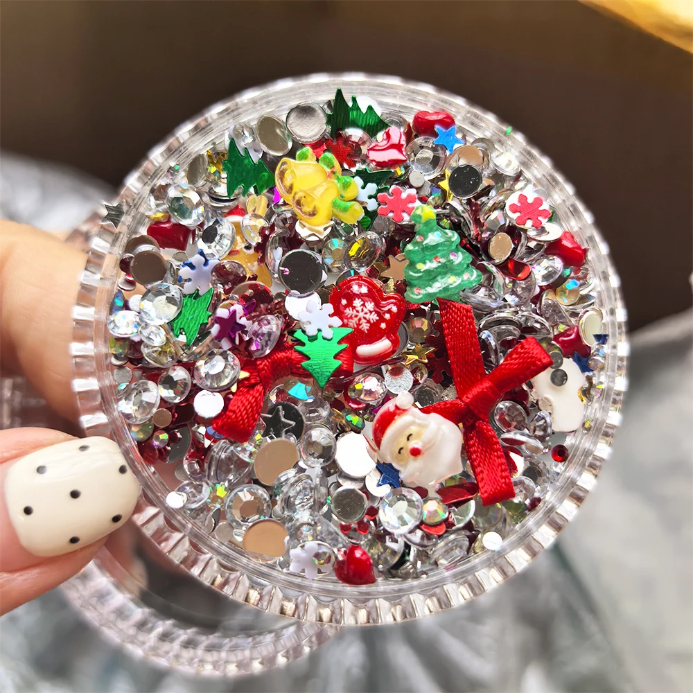 1 doos Mix Kerst Vibe 3D Steentjes voor Nagels Decoratieve Rode Lint-Strikken Sterren Sneeuw Vlokken Diamanten DIY Kerst Decoratie