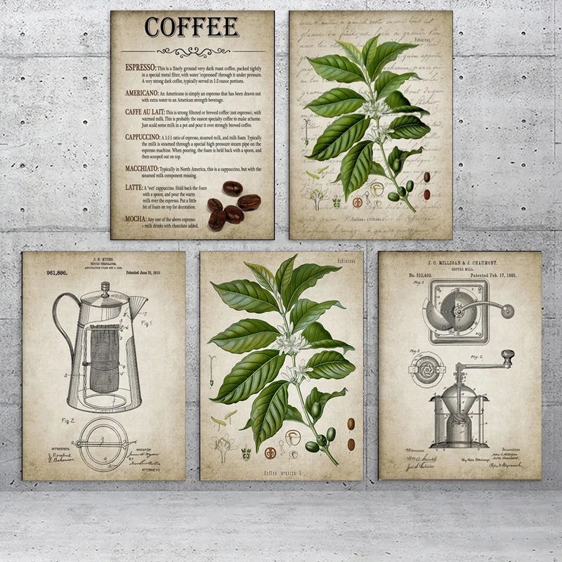 Coffee Making Vintage Poster Print Coffee Percolator and Coffee Bean Wall Art Canvas Painting Types Of Coffee Picture Home Decor