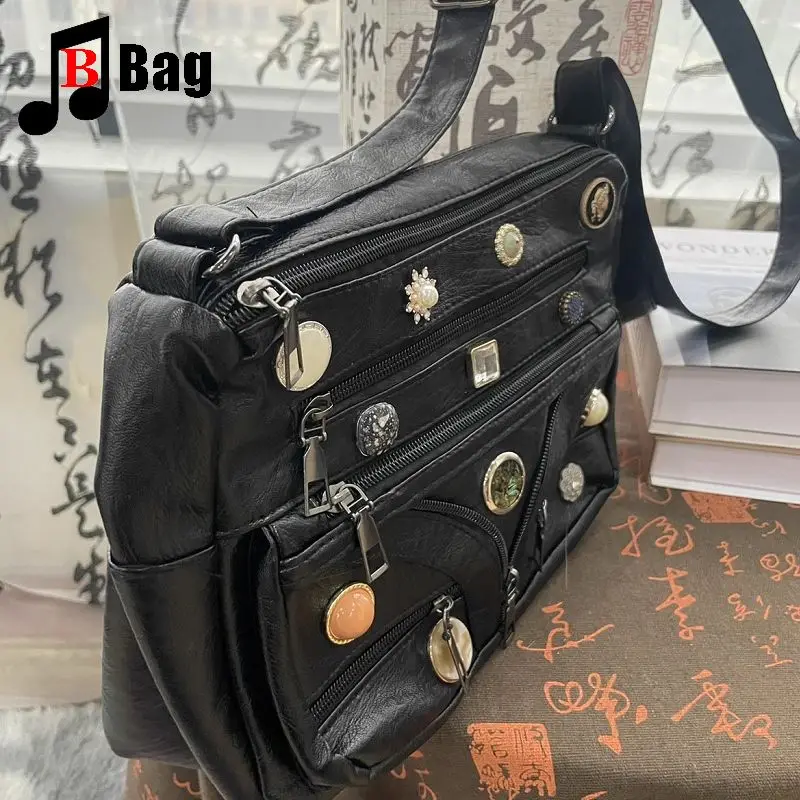 Y2K Gothic Women\'s Girls Punk Handbags Harajuku Original Button Multi Zipper Washed One Shoulder Crossbody Bag Fashionable Totes