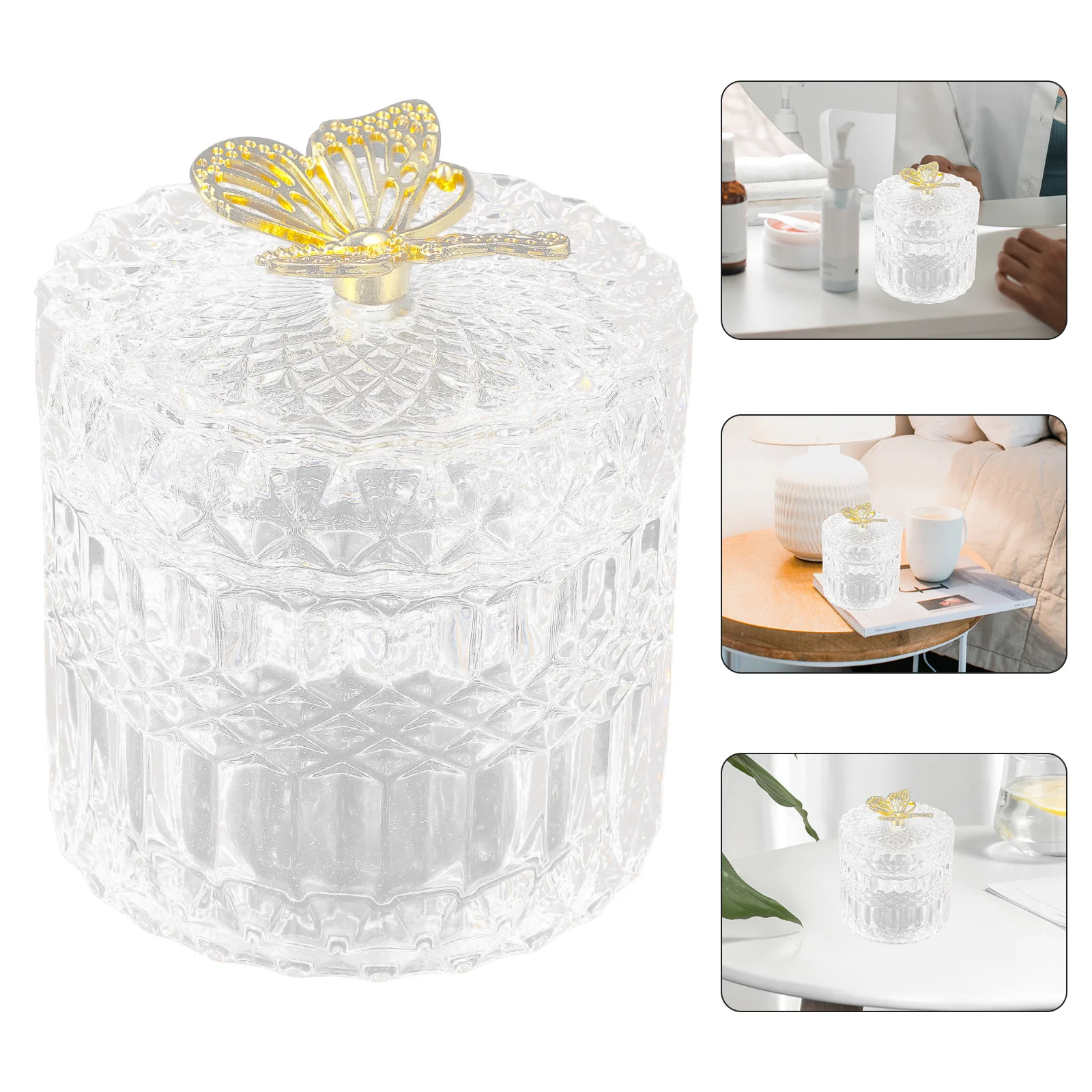 

Glass Jewelry Jar with Embossed Design Strong Storage Container for Rings Necklaces Chocolate Tea Biscuits Household Dried Food