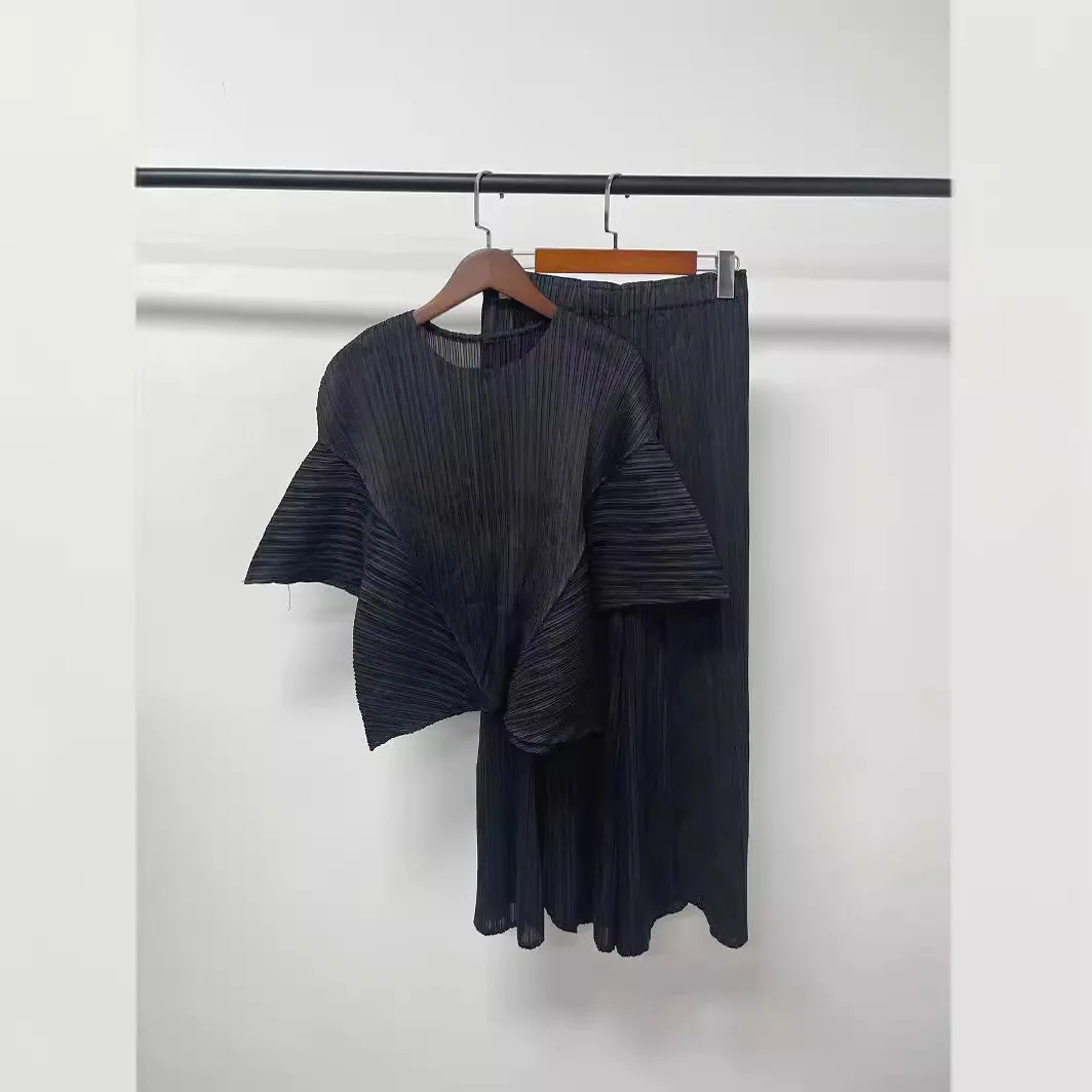 Miyake Pleated Summer New Irregular Top with Wide-leg Pants Solid Color Two-piece Set Fashion Casual Sets Women's Clothing