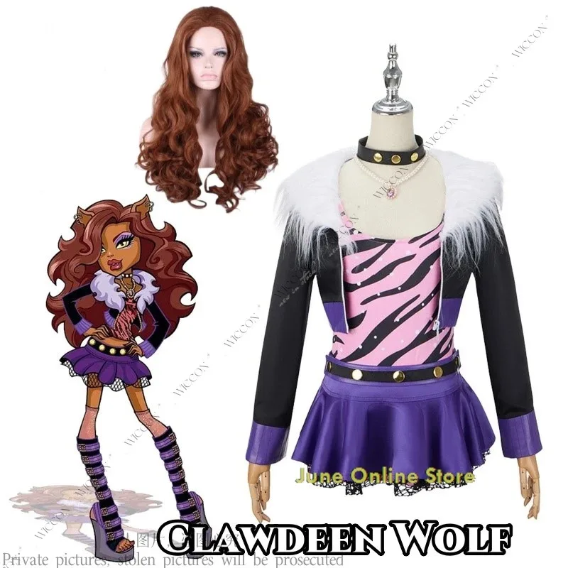 DY20Clawdeen Anime disfraz de monstruo lobo Cos disfraz peluca mujer pequeño diablo lindo Cosplay disfraces de Halloween traje Clawdeen Wolf