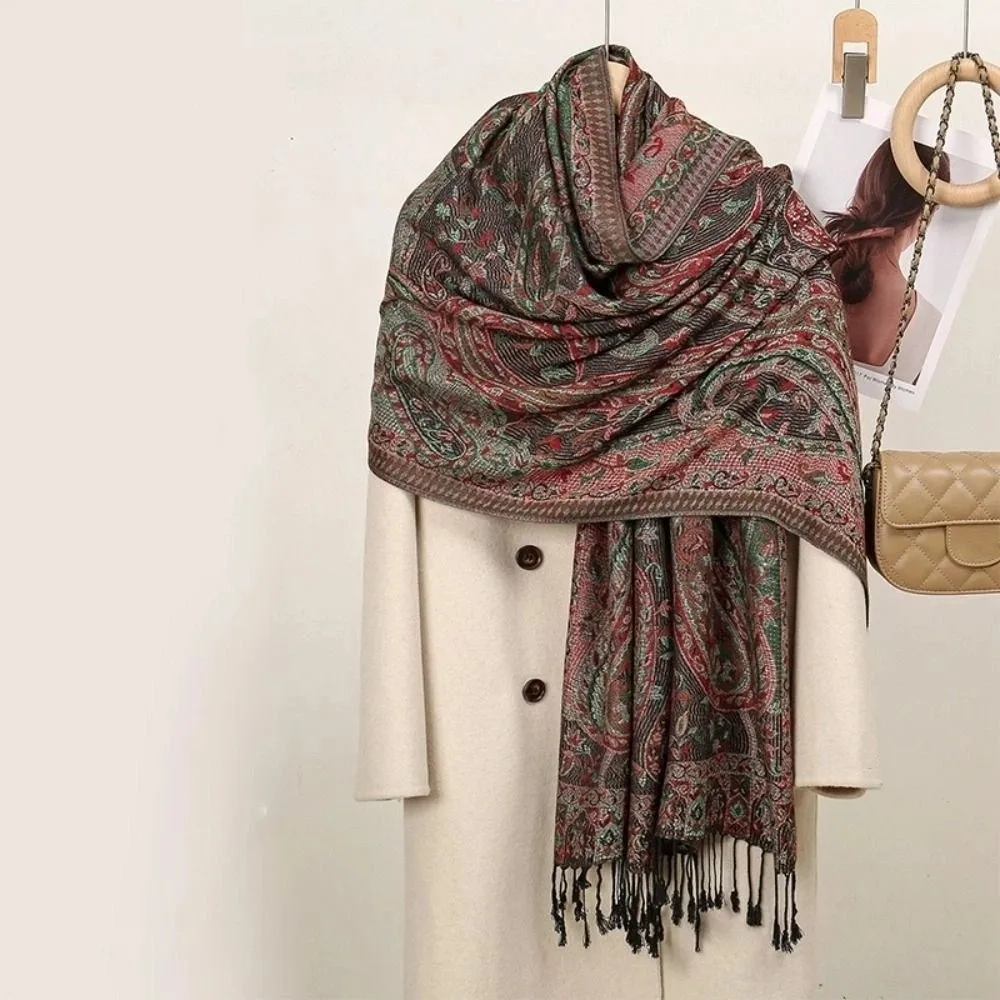 Elegant Printed Ethnic Style Scarf Jacquard Long Hijab Scarf Tassel Thin Cashew Headscarf Women