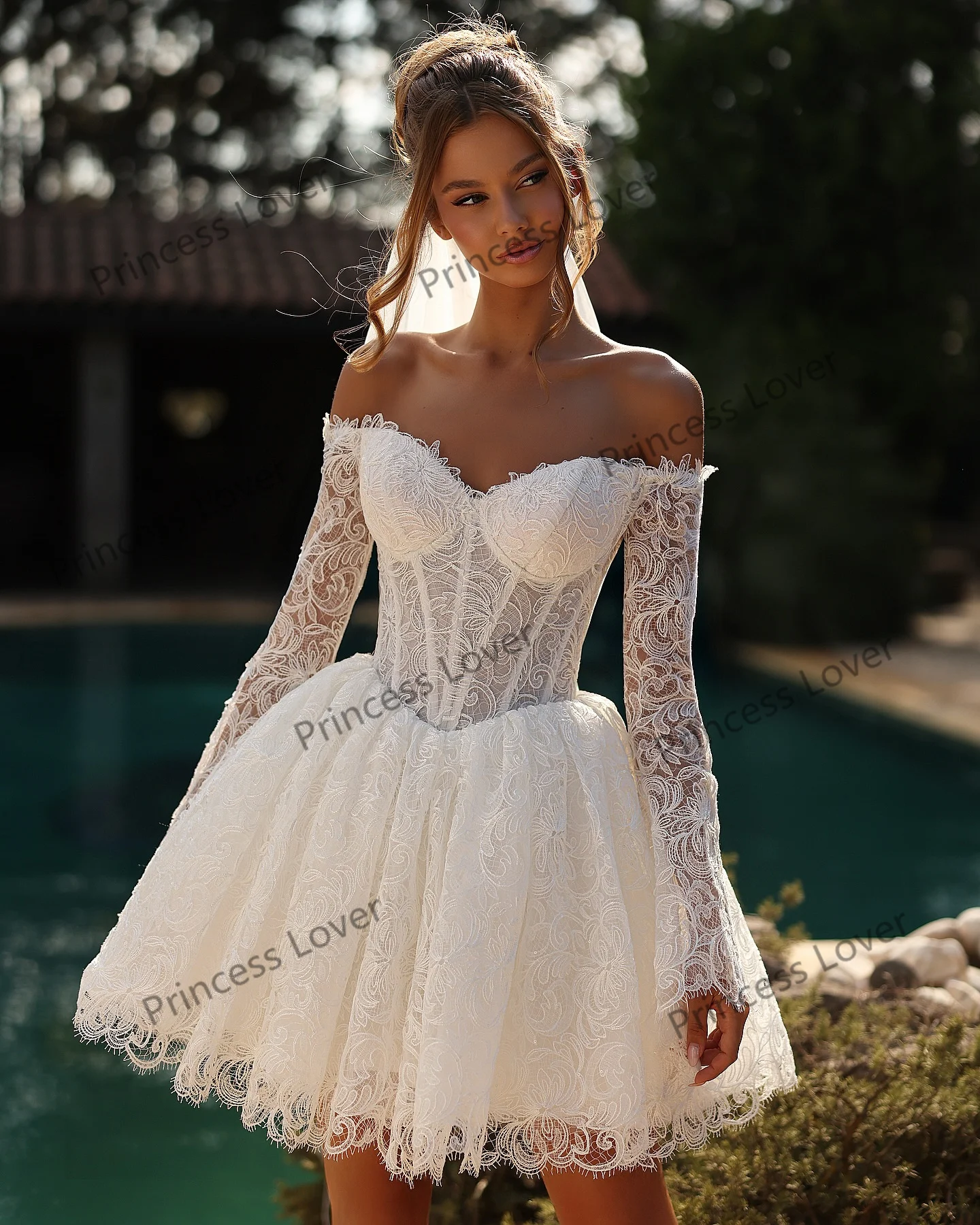 Kurze Brautkleider aus der Schulter Vestido de Novia Spitze Minirock Hochzeitskleid mit langen Ärmeln Vestidos Maßgeschneidert