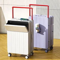 Valise à large levier avec ouverture frontale, couche d'ordinateur, porte-gobelet, port USB, fermeture éclair, roue à bascule silencieuse, bagages