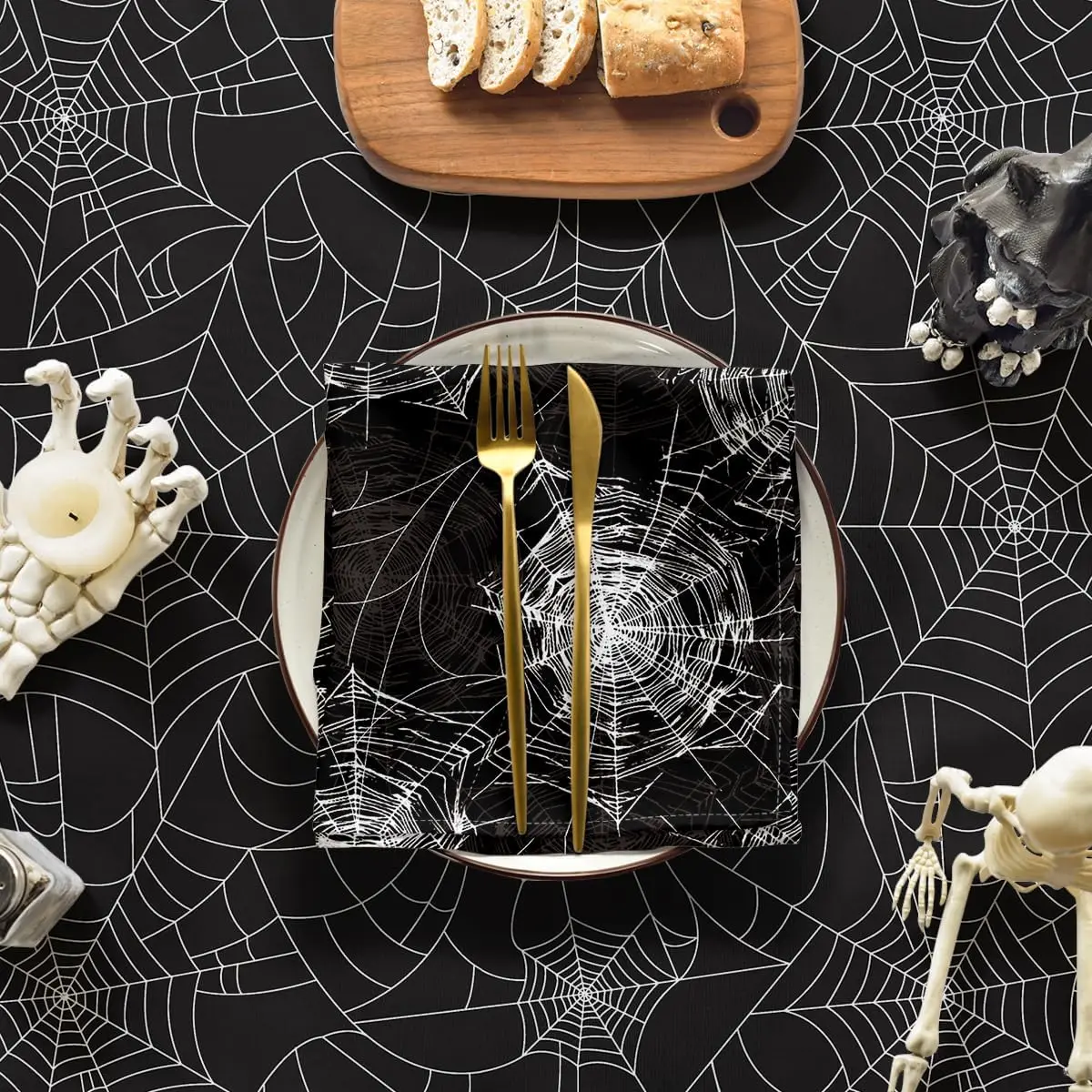 Halloween Cobweb Black Rectangular Washable Fabric Tablecloth Table Decor Durable Table Cover Party Picnic Dinner Decorations