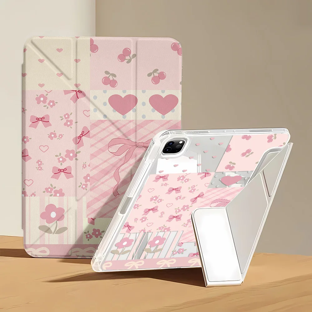 Y-Fold Edge High Clarity Tablet Case for Apple iPad Pro 11 2021/2022 mini 6 8.3 inches with Pencil Holder Pink Patchwork Cherry