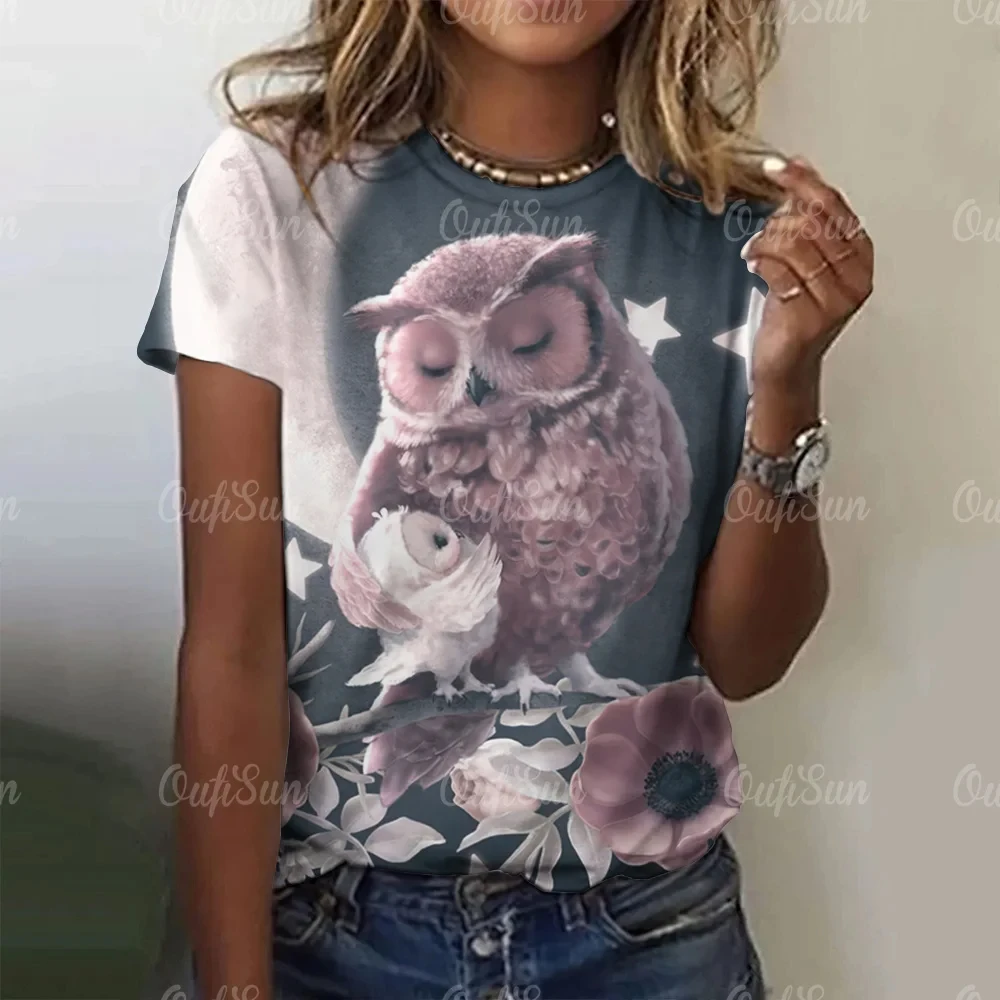 Summer O-Neck Short Sleeve Women\'s T-Shirt 3d Printed Owl Pattern T-Shirt Pullover Top Fashion Street Female Clothing 2024