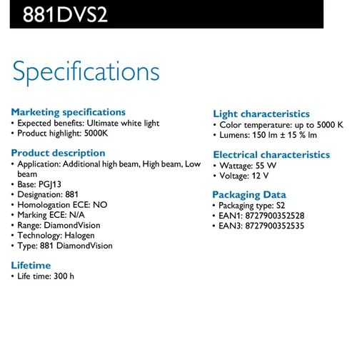 Imagen 2 del producto Philips Diamond Vision 881 12,8 V 27W PGJ13 5000K blanco puro halógeno lámparas de coche luz antiniebla bombilla de actualización Original H27 881DVS2