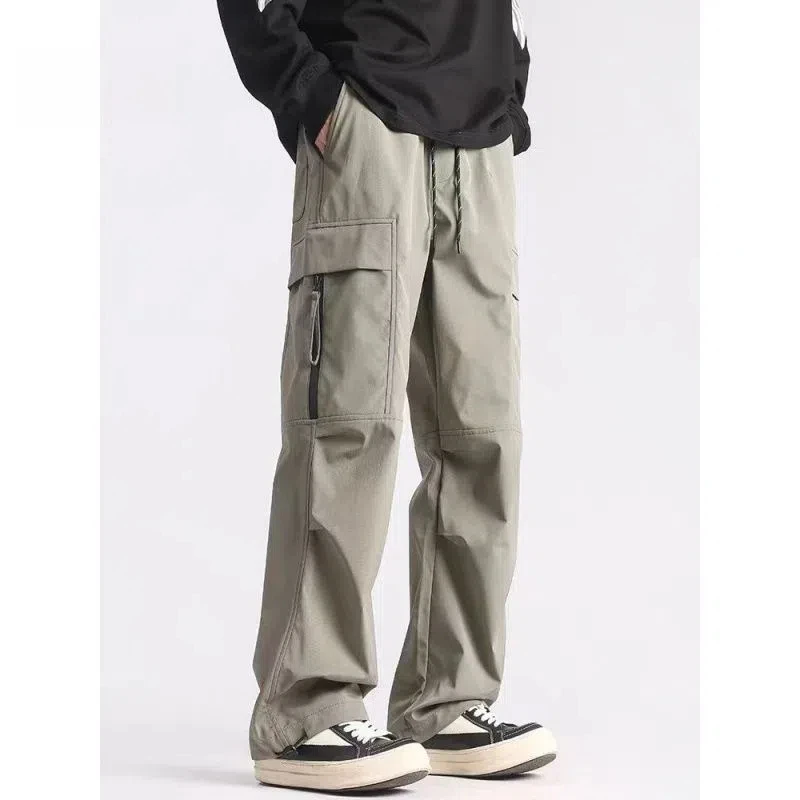 

Корейская мода, широкие брюки, весенне-осенняя мужская одежда, однотонные эластичные брюки с высокой талией и карманами на молнии, брюки-карго