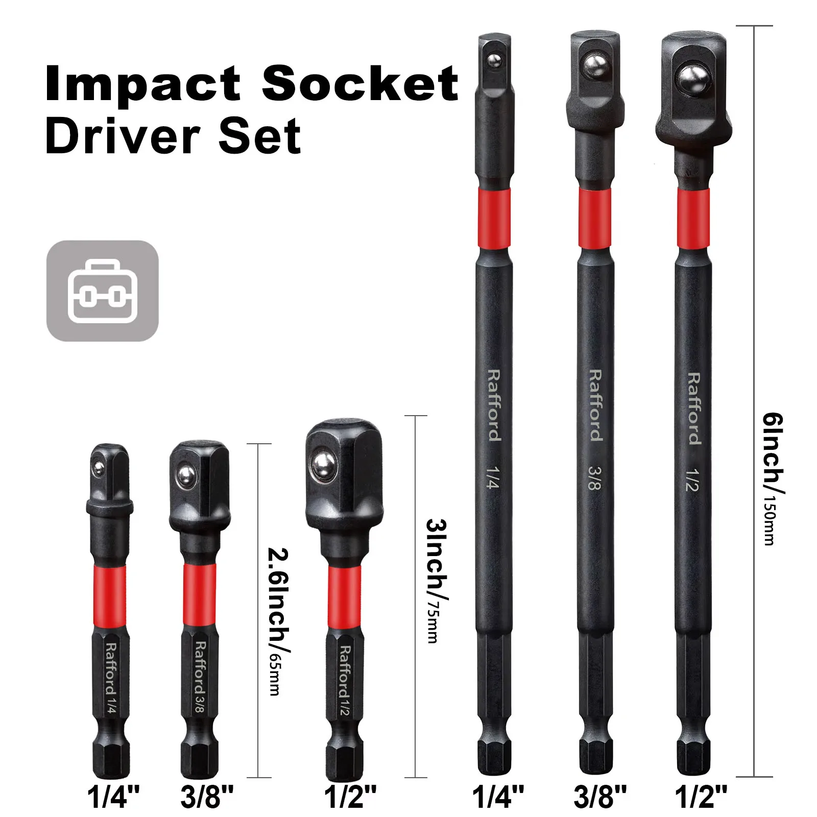 Rafford Impact Socket Adapter Set,1/4"3/8"and1/2"Drive,Extension Bit with Holder,Adapt Power Drill to High Torque Impact Wrench