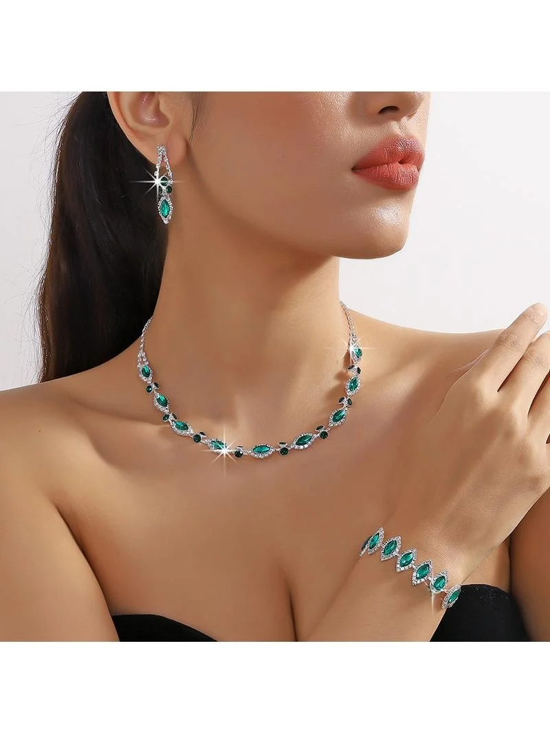 

Модный комплект украшений: колье, серьги и браслет с кристаллами, набор из трех предметов, синий, красный, зеленый, аксессуары для коллекции.