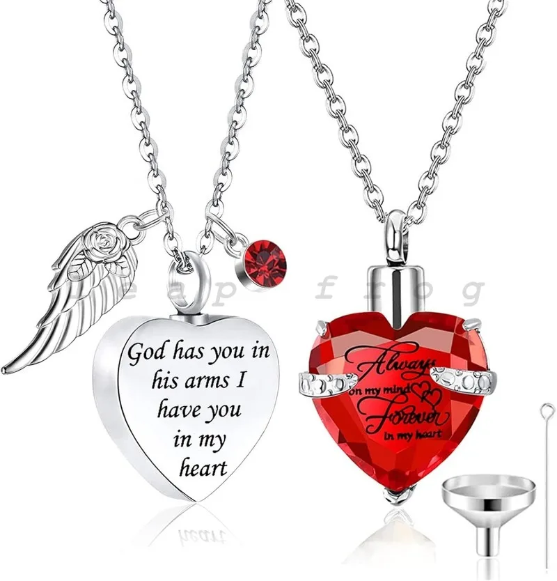 

2Pcs Heart Cremation Urn Necklace,Angel Wing Birthstone Locket Ashes Pendant,Necklace with Filling Kit for Pet Human Ashes