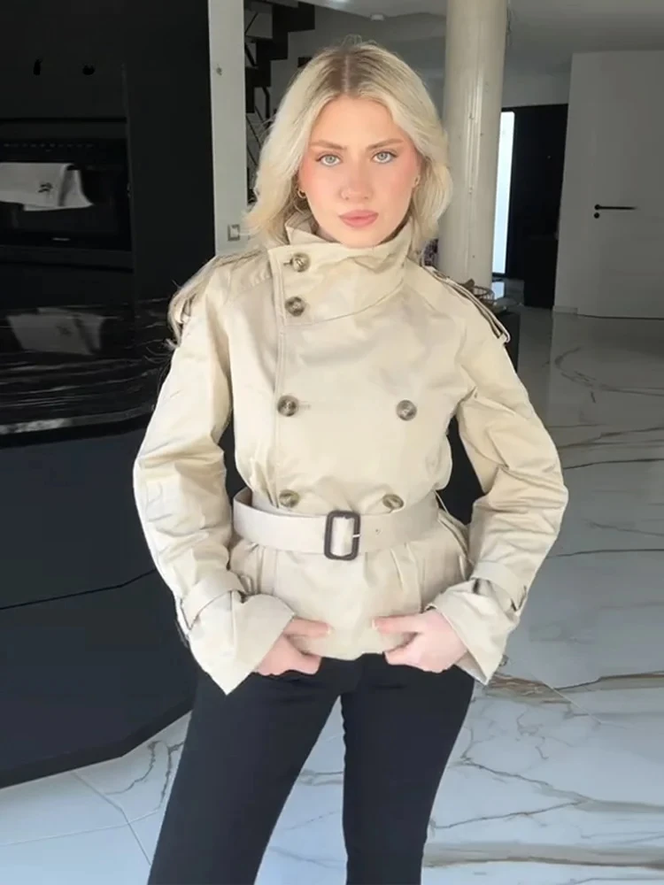 

Street Women's Short Belt Trench Coats Turtleneck Double Breasted Full Sleeve Female Jackets Spring Lady Commute Outwear