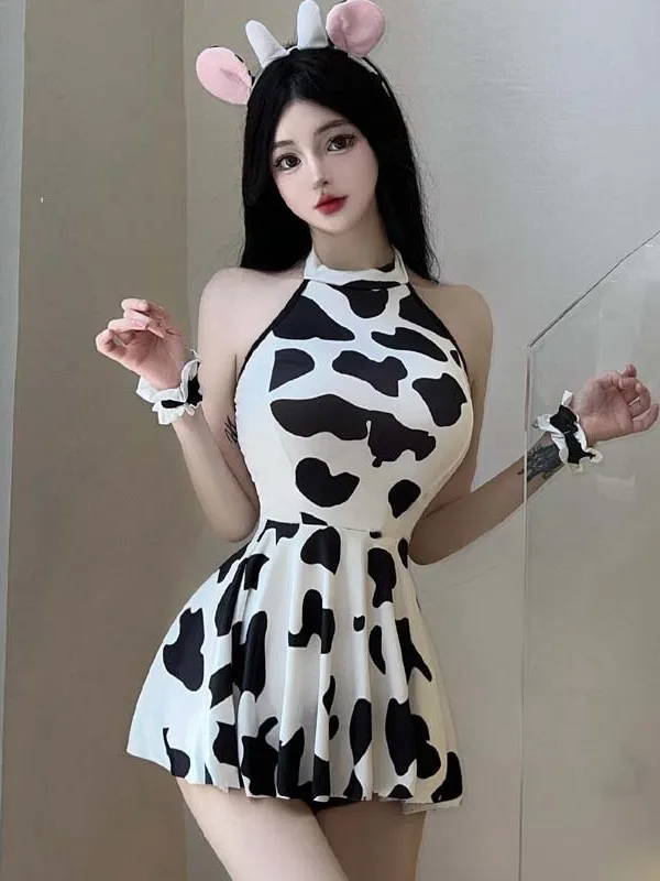 Exotic Summer Fashion Women\'s new Clothing Hanging Neck Black and White Cow Print Sweet and Cute Girl Style Elegant Dress 7V0Z