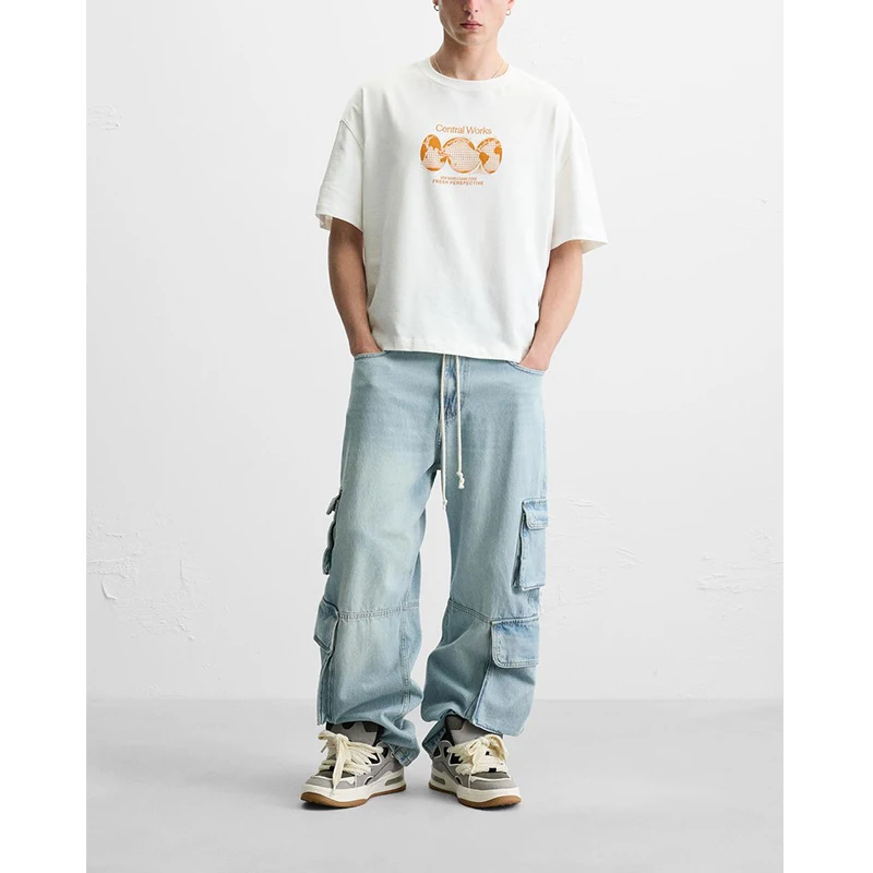 

Новая летняя мужская американская повседневная круглая футболка Ne Cotton Loose Splicing Print ort Sve Молодежная базовая футболка Sle Regula...