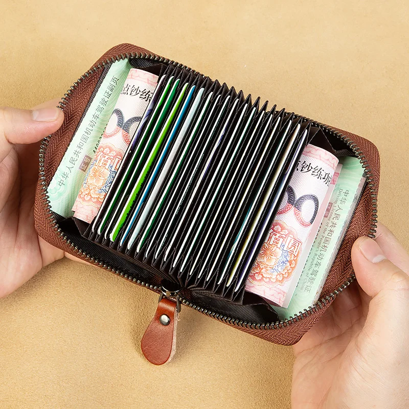YATBEST Men's Card Bag Large Capacity RFID Anti Theft Brush Retro Zipper Organ Card Bag Storage Daily Commuter Unisex