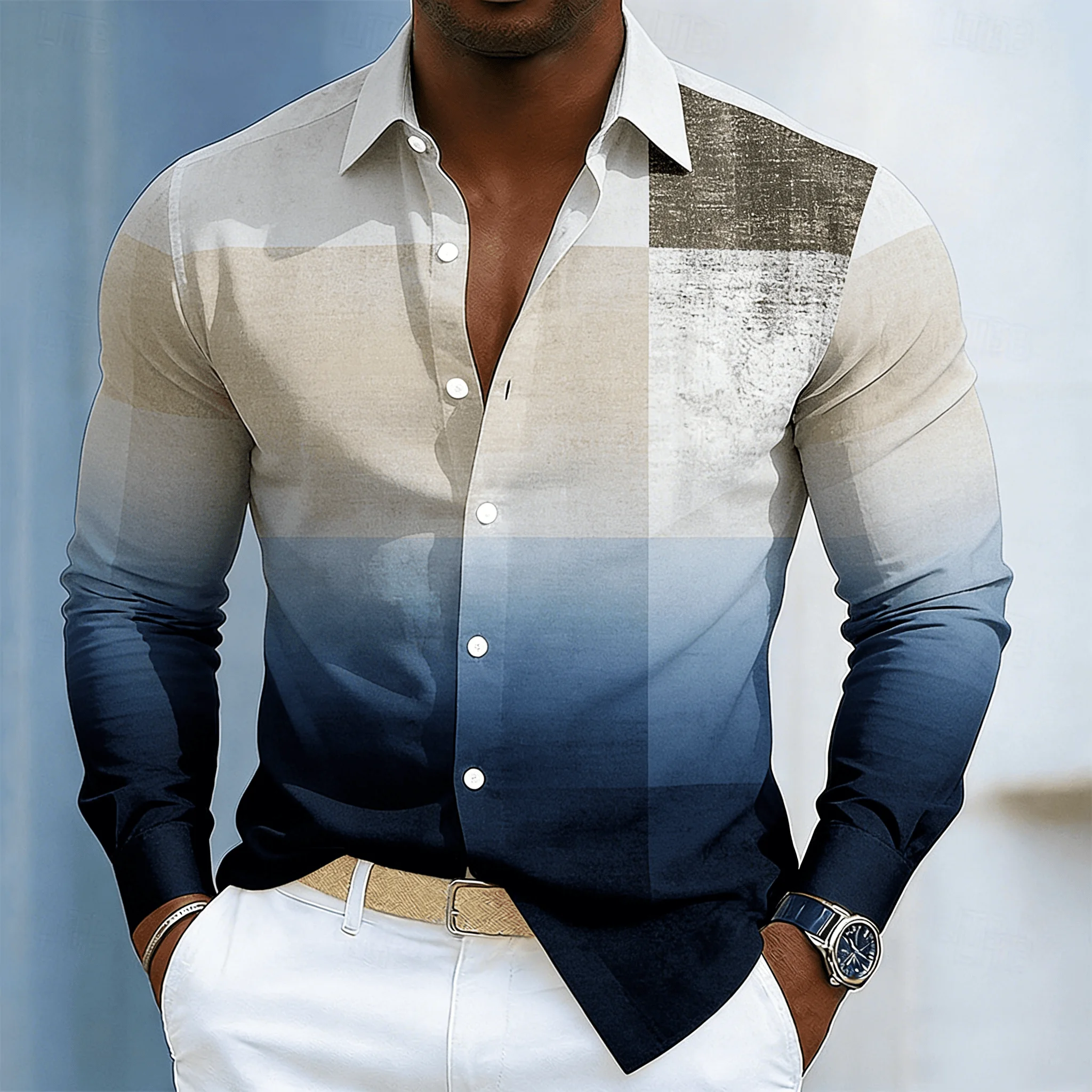 

Men's Gradient Block Color Lapel Shirt, Spring Summer Casual Chic Top, Ombre Plaid Print