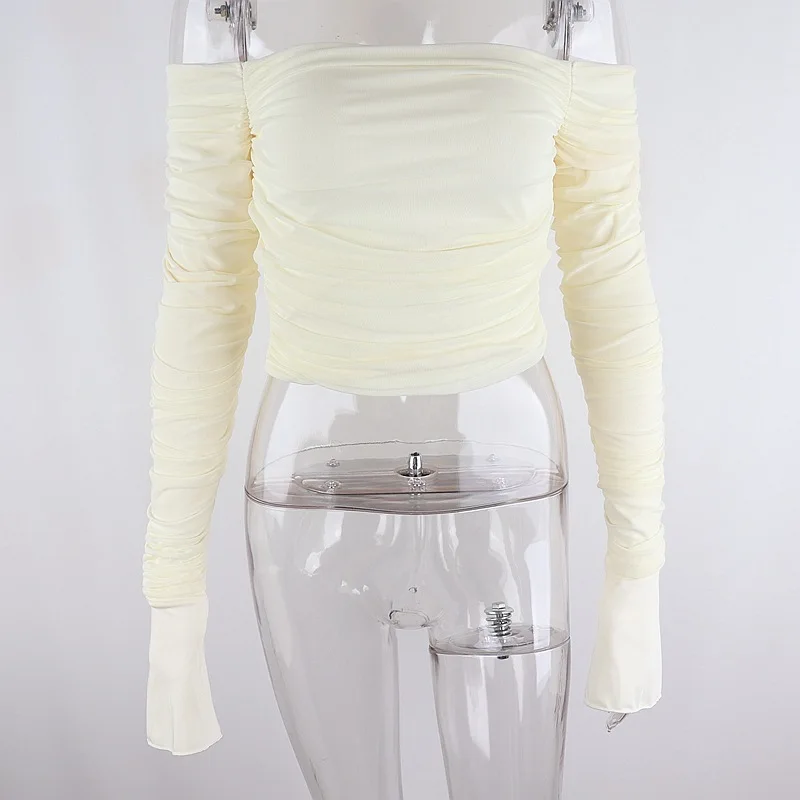 여성 섹시 오프숄더 메쉬 긴팔 티셔츠 원넥 플리츠 여성 풀오버 베이직 티 Y2K 의류 스트릿웨어 탑