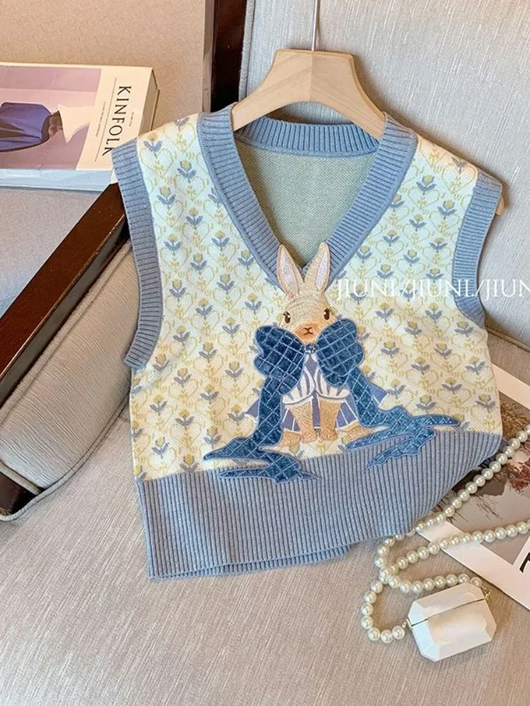 

Хикигава свитер с v-образным вырезом и вышивкой, жилет, женский темперамент, сладкий трикотаж для отдыха, майка, винтажная мода, Chalecos Para Mujeres