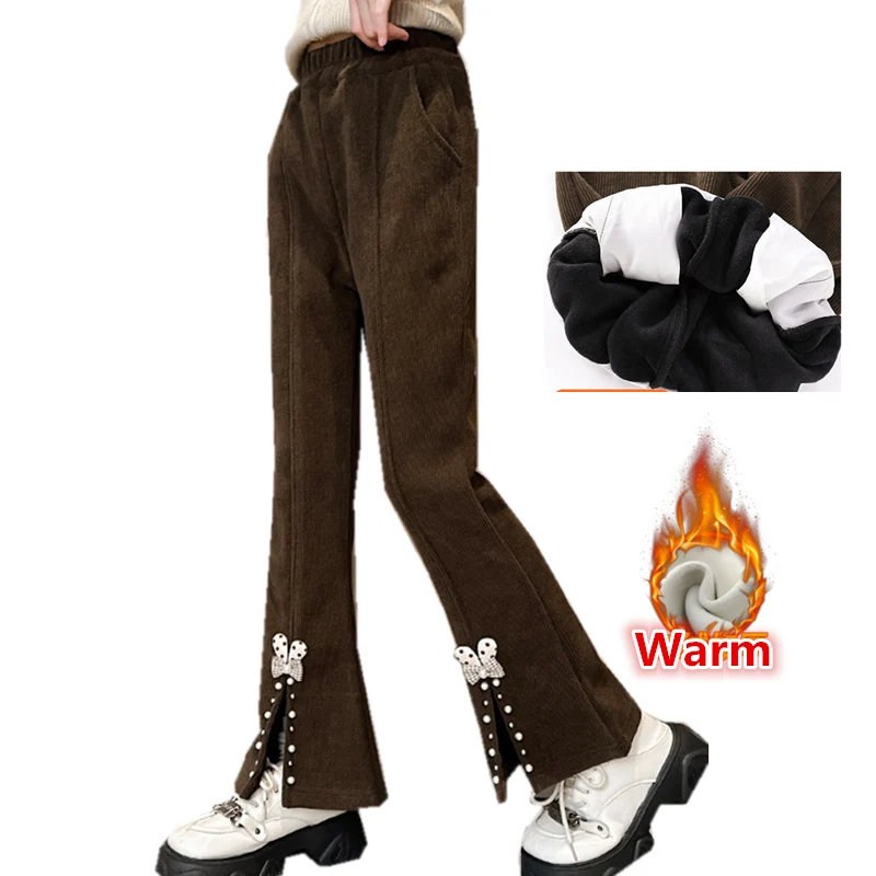 

New Winter Kids Girl Thermal Flare Pants With Bows Black Brown Color Thick Insulated Trousers With Pearls For Child Age 5 To 14Y