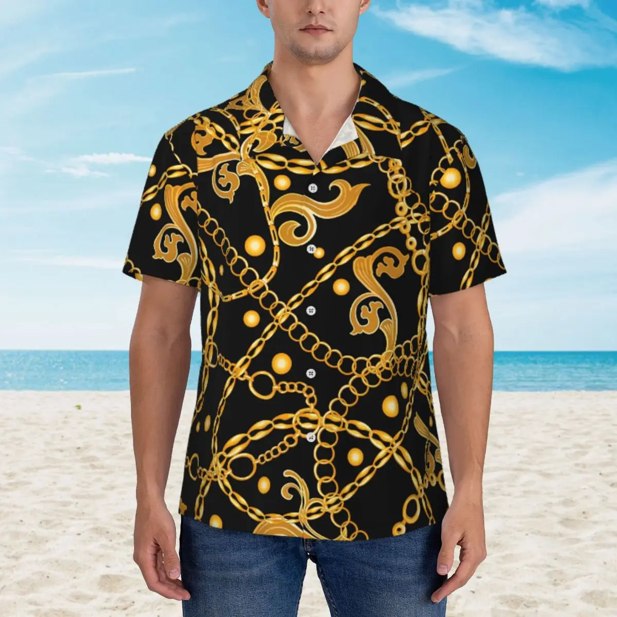 Golden Chain Vacation Shirt Vintage Print Summer Casual Shirts Male Vintage Blouses Short Sleeve Y2K Funny Design Top