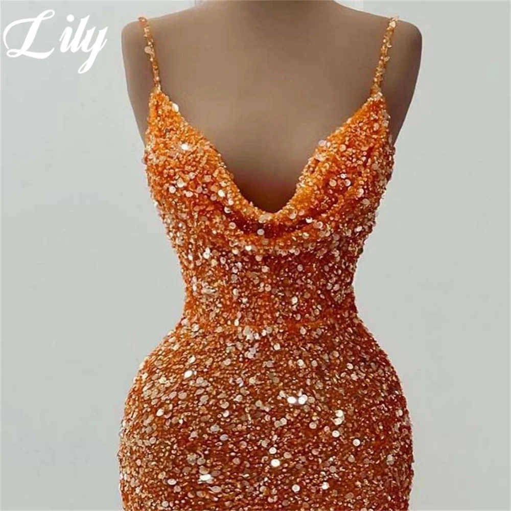 Lily Orange V-Neck Evening Gown Trumpet Sequins Prom Dress Satin Spaghetti Strap Evening Dress with Pleats for Woman Customized