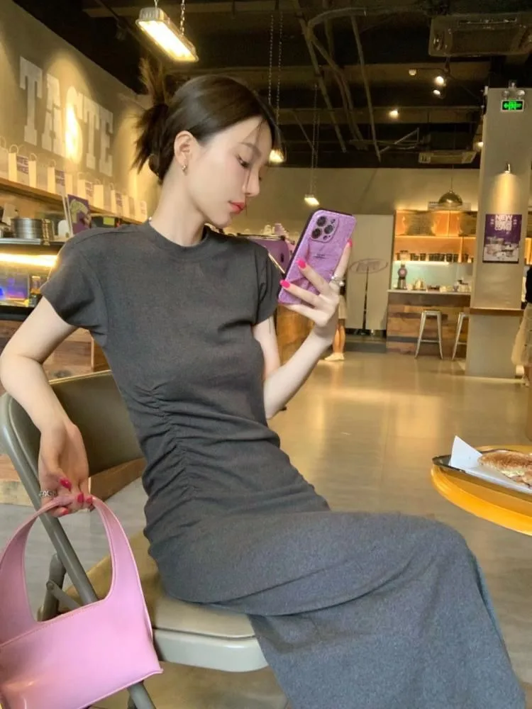 Dames Europese stijl afslankende T-shirtjurk Chique Ronde hals Bodycon Korte mouw Halverwege de kuit X-vorm Lente Zomer Veelzijdig