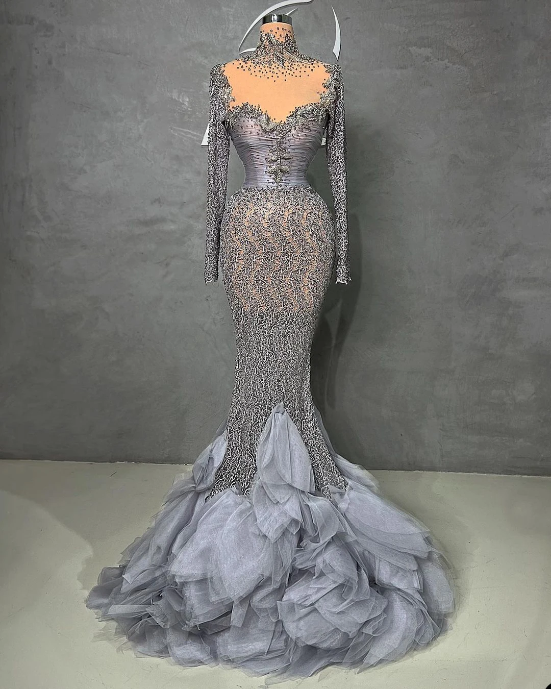 Robe de Soirée Sirène à Manches sulfet Col Haut, Tenue de Bal de Dubaï, Perles et Paillettes, sur Mesure, Clip, Rotterdam Kle