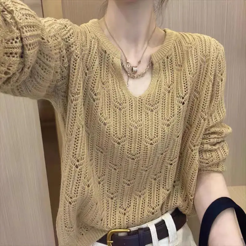 Fashion Slimming Pullover Solid Hollow Out Long Sleeved Knitted Sweater Women\'s Spring Autumn Winter Hook Flower Base Shirt Top