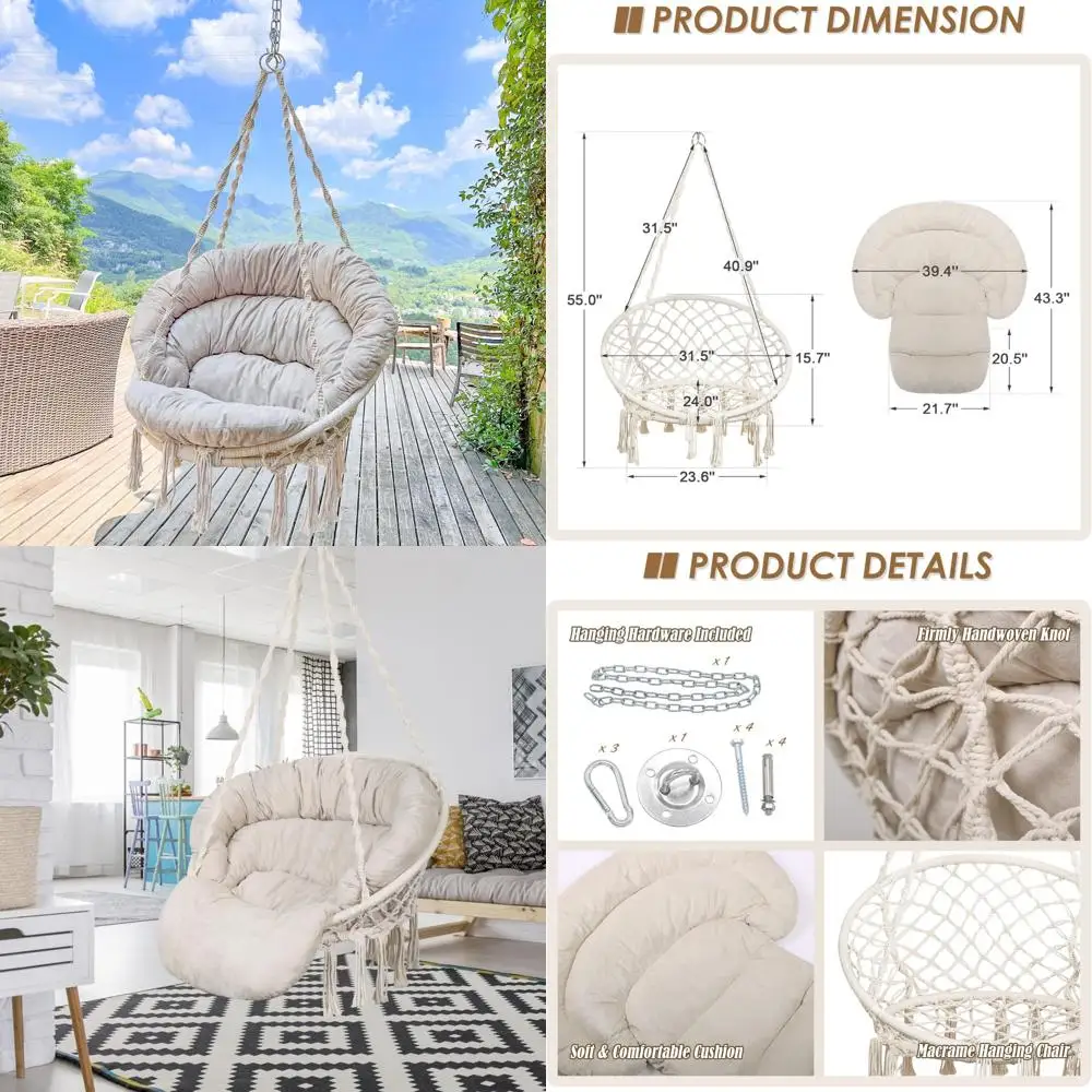 

Handcrafted Macrame Swing Chair with Cushion and Hanging Kit, Bohemian Style Cotton Rope Hanging Chair