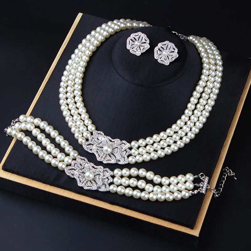 European Style Women Bride Wedding Elegant Zircon Multi Layer Pearls Necklace Earrings Set , Woman Elegant Bracelt Necklaces