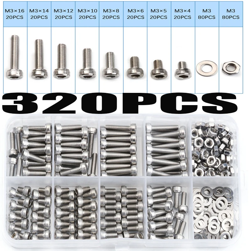 

320Pcs M3 Hexagon Socket Head Cap Screws Bolts Set 304 Stainless Steel Bicycle Hex Bolts Nut Flat Washer Kit M3 Screw