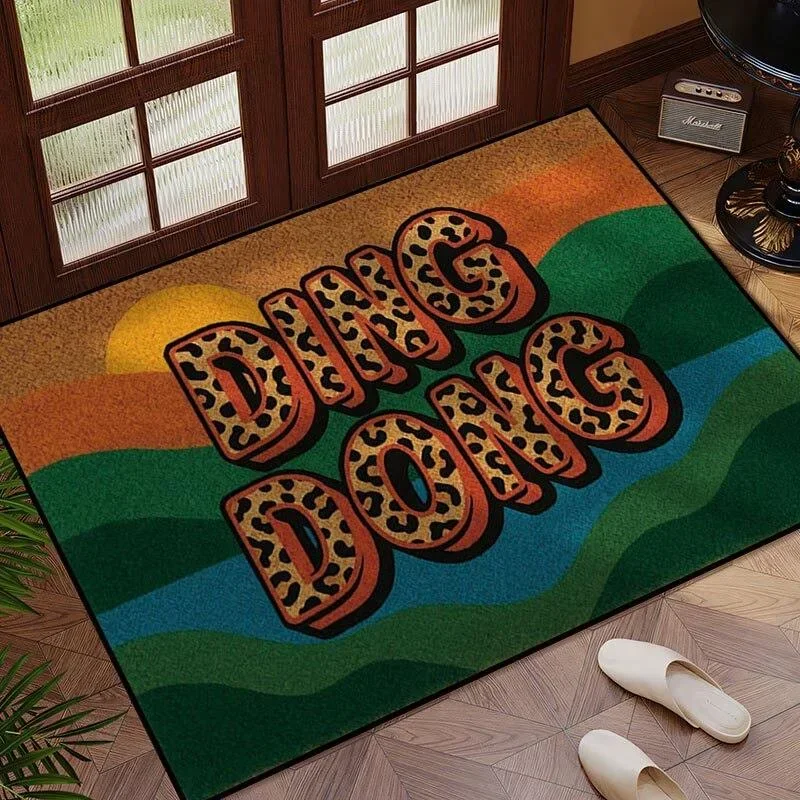VIKAMA Ding Dong Leopard Rainbow Retro Wave Sun Art Crystal Velvet Door Mat Non Slip Entryway Bedroom Living Room Home Decor