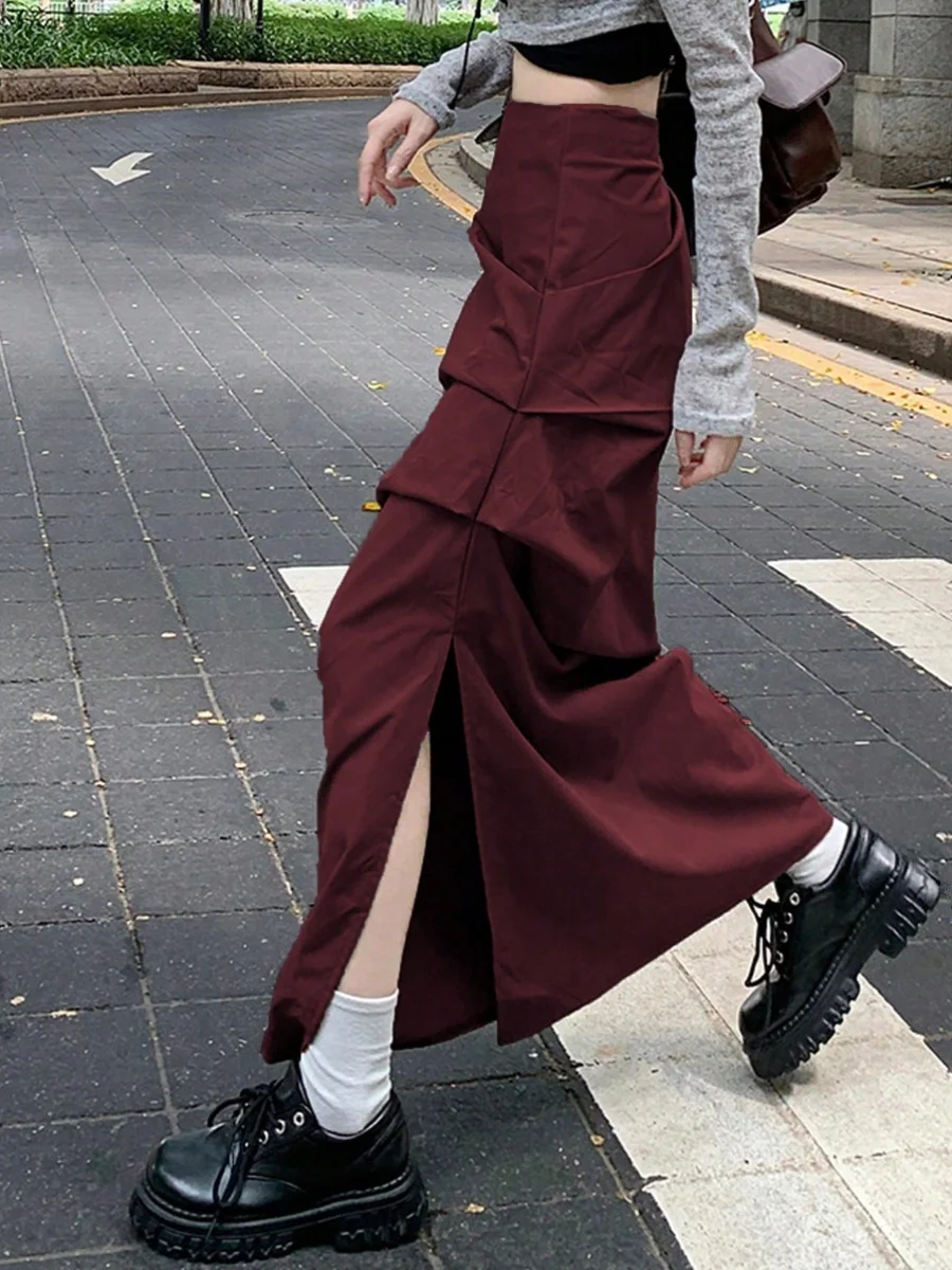 

Chic American Retro High Waist Midi A-Line Workwear Skirt Women's Slim Fit f-length Summer Faion Commute Pure Color