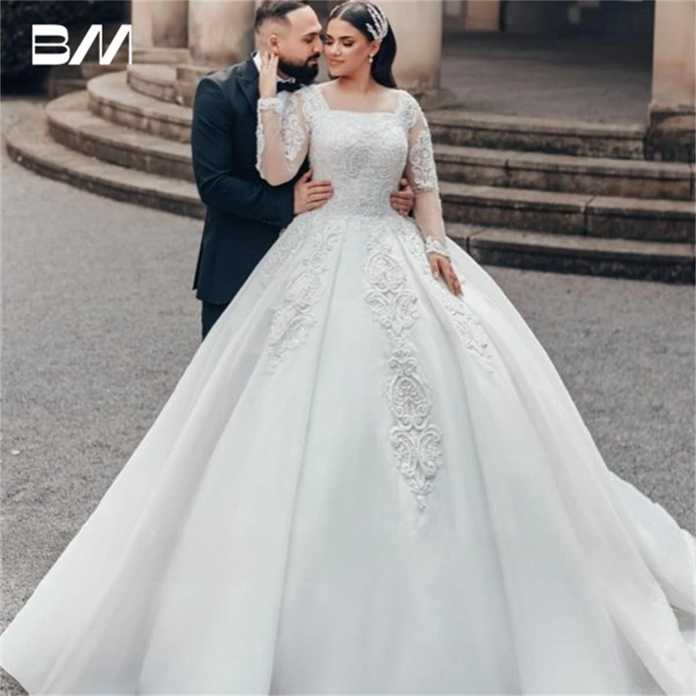 

Elegant Square Neck Wedding Dress for Women Customized Full Illusion Sleeves Lace Appliques Ball Gown Bride Dresses