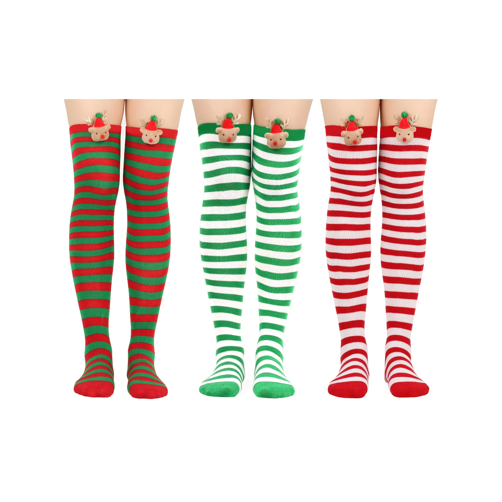 

Подарочная коробка с рождественскими носками с изображением лося (по 1 паре с красными и зелеными полосками + с зелеными и белыми полосками + с красными и белыми полосками)