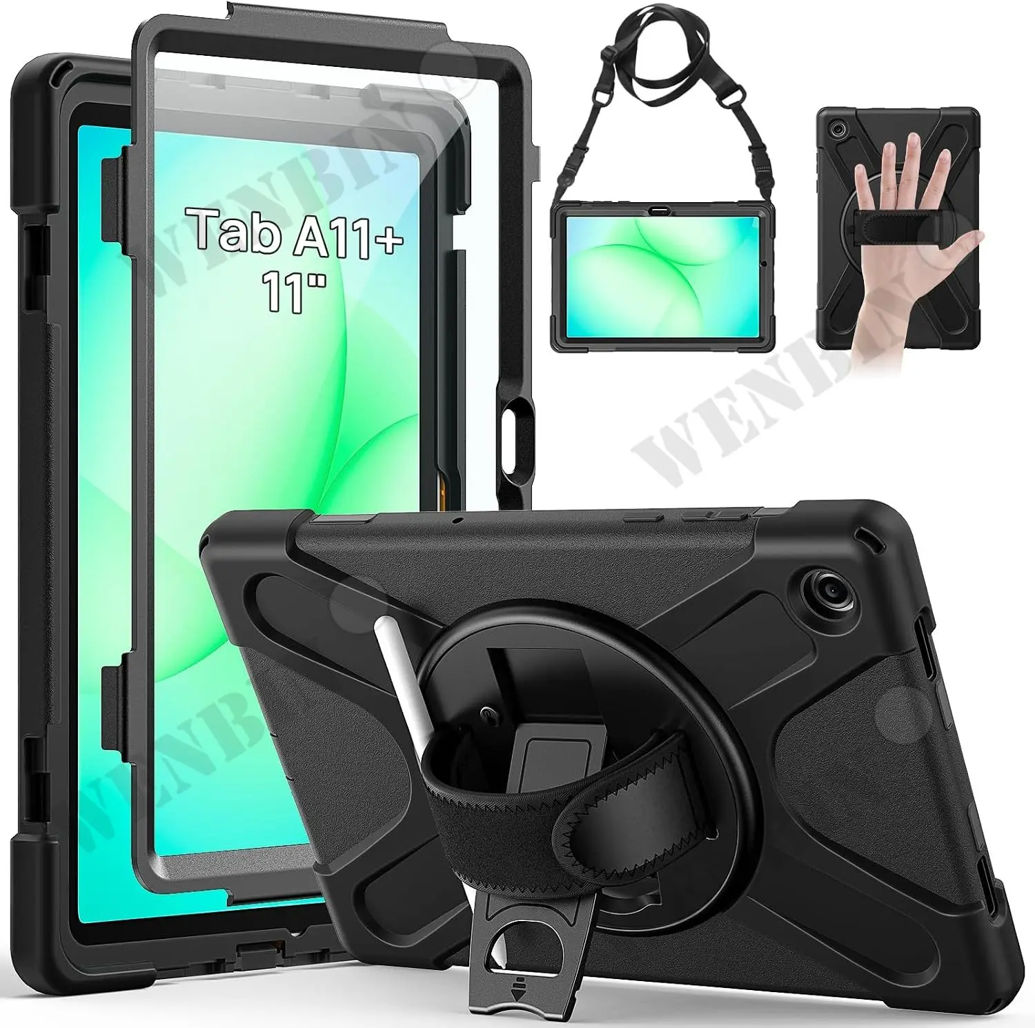 Case For Samsung Tab A11+/A11 PlusTablet Heavy Duty Shockproof Protective Rotating Stand Hand Strap Holder Black Case Fundas
