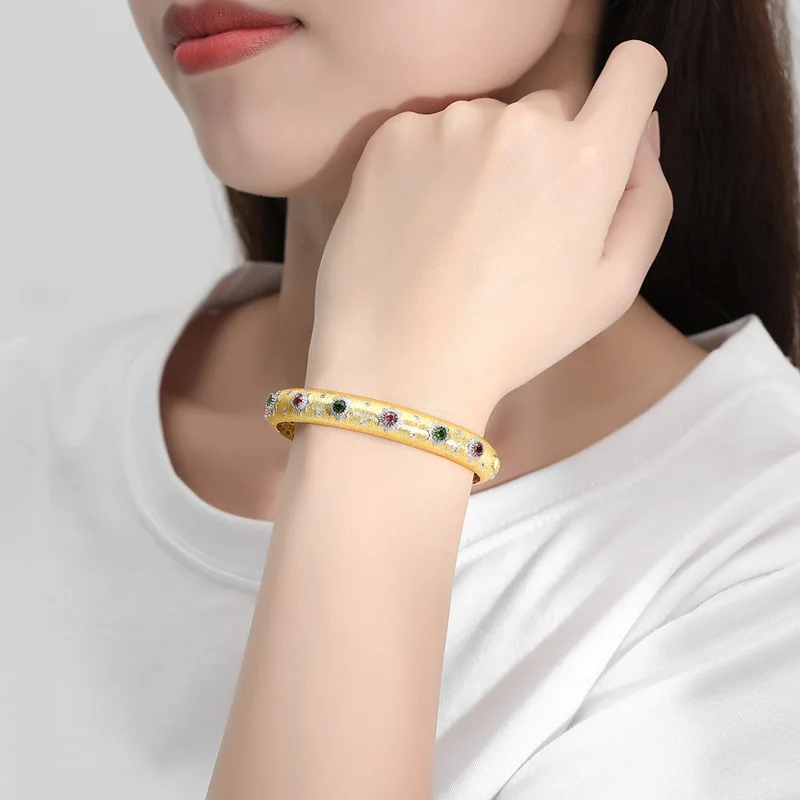 925 Sterling Silver Electroplated 18K Gold Court Women's Bracelet with Wire Drawing, Luxury Silver-Gilded Gemstone High-end Mini