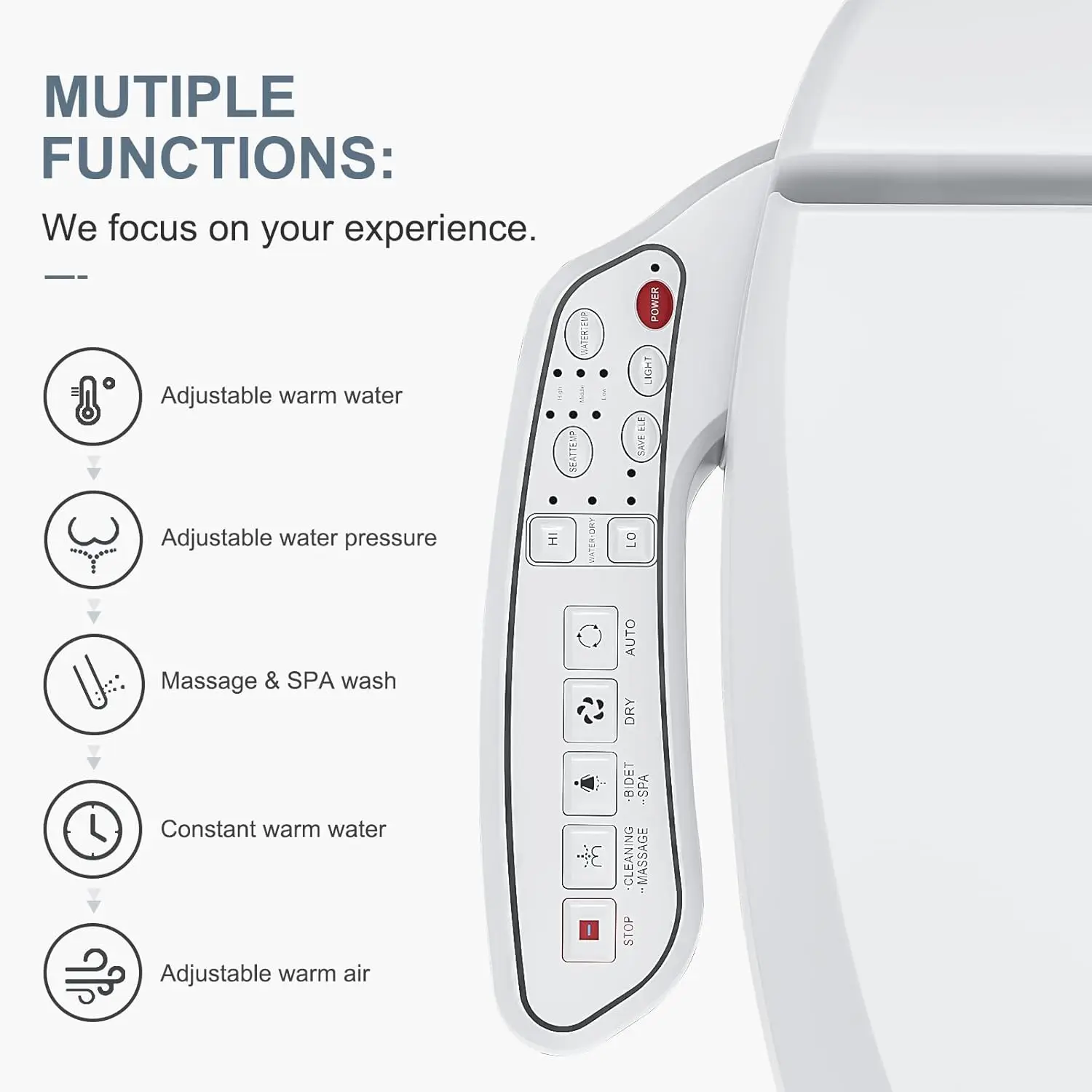 ZMA102D Bidet Toilet Seat, Round Smart Unlimited Warm Water, Wash, Electronic Heated, Warm Air Dryer, Rear and Front