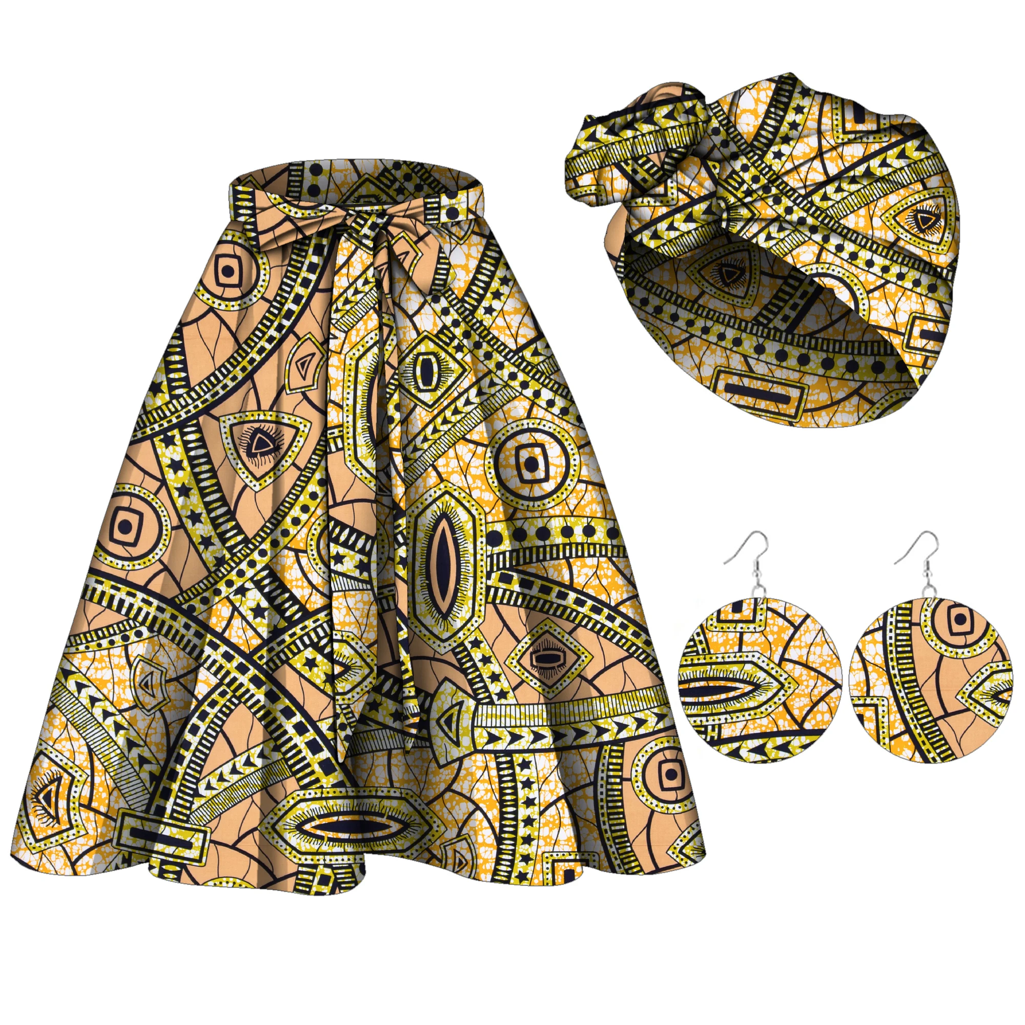 African Women\'s Skirt Headscarf Earrings Combination Fashionable and Versatile Women\'s Clothing WY10505
