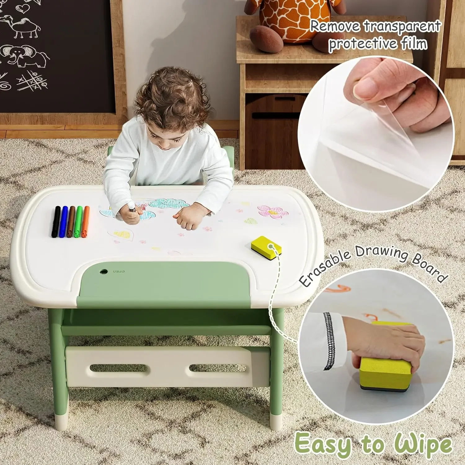 Kid's Drawing Table and Chair Set with Erasable Board Watercolor Pens Plastic Activity Table for Toddlers Children Des