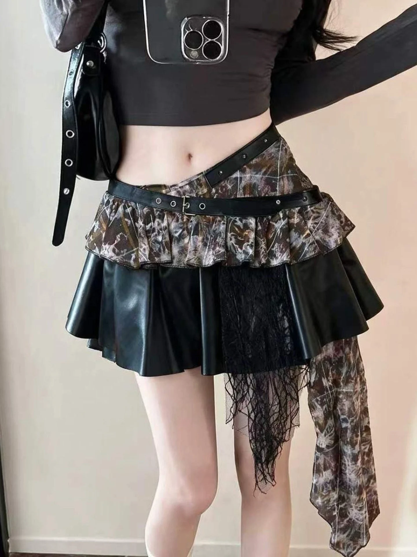 Asymmetric Lace Splice  Skirt Korean Style High Waist Pleated Half-length Women's Fashion Slimming Autumn Seasonal Skirts